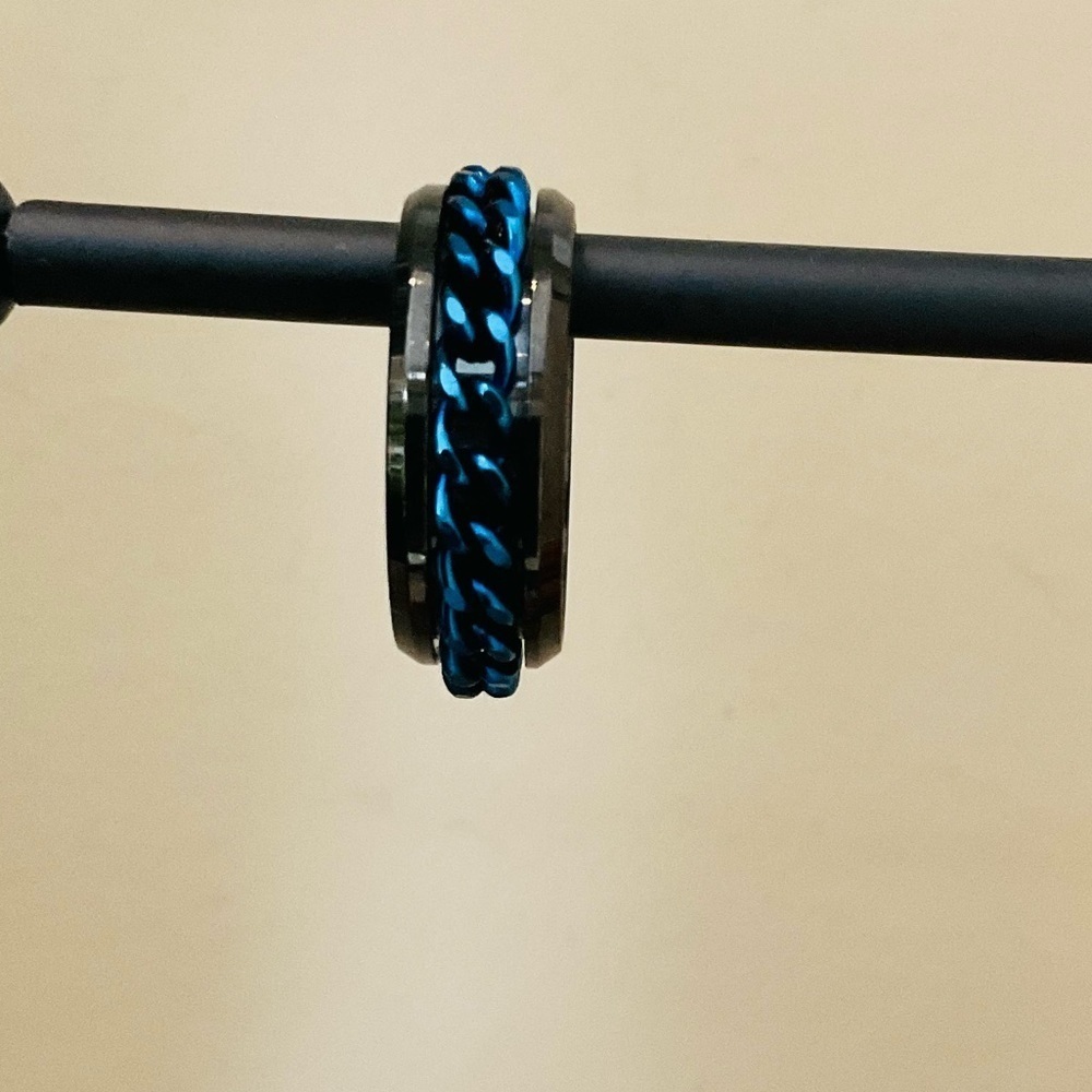 Rotating  Unisex Black & Blue Stainless Steel Fidget Ring - Picture 5 of 12